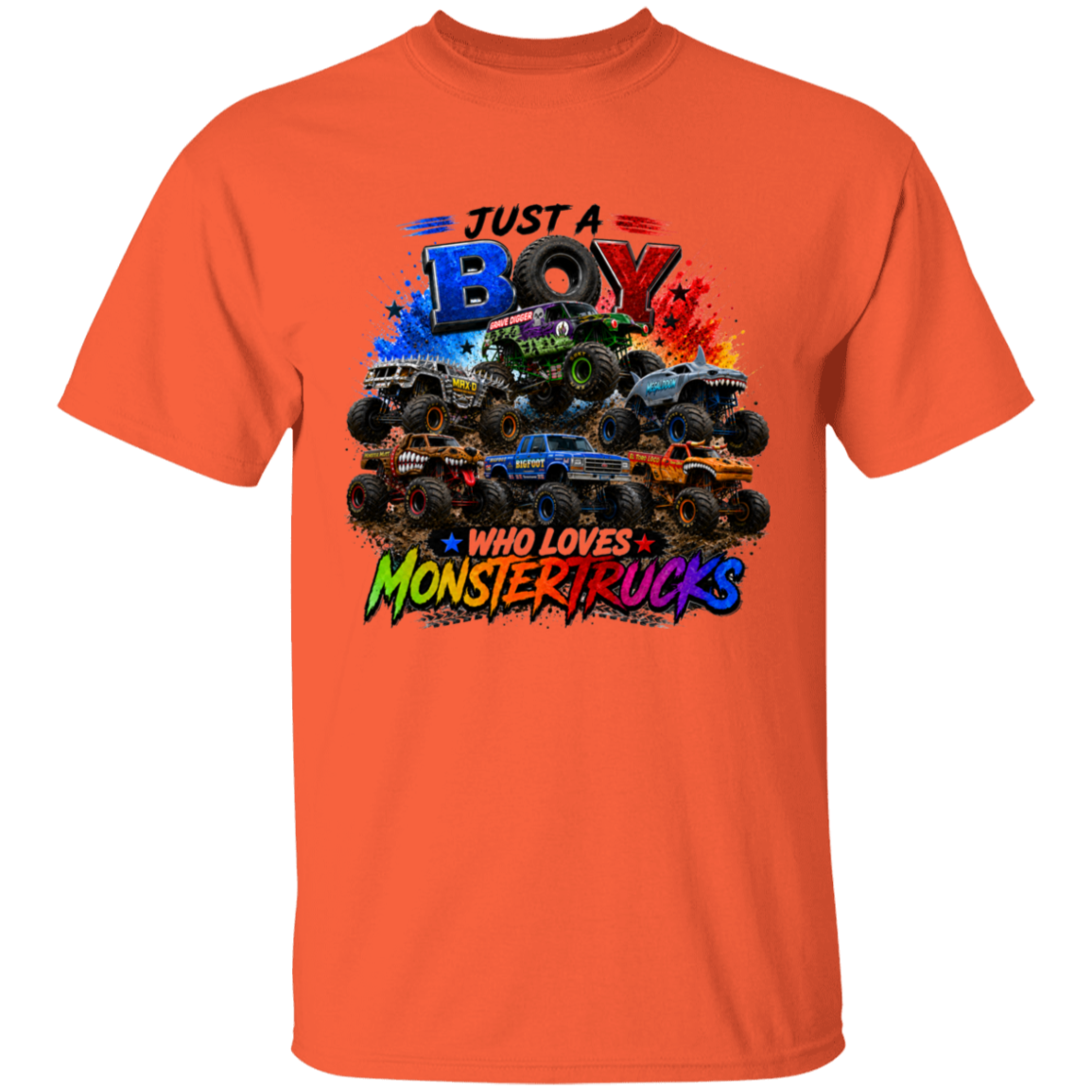 An orange short-sleeve crewneck t-shirt featuring a colorful graphic print of monster trucks with the text 'JUST A BOY WHO LOVES MONSTERTRUCKS' on a plain white background.
