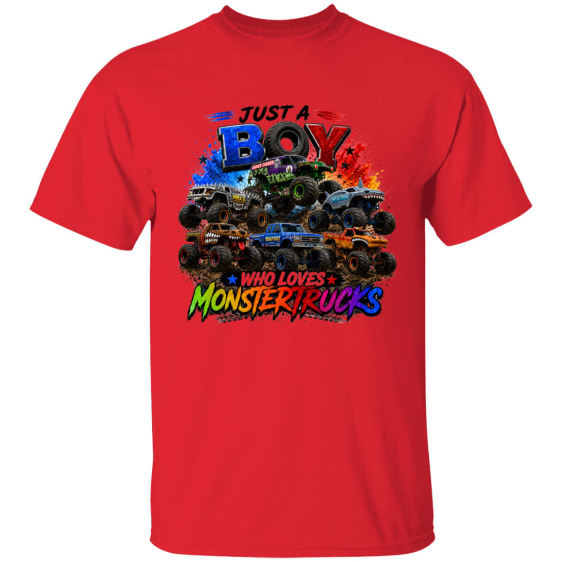 A red short-sleeve crewneck t-shirt featuring a colorful graphic print of monster trucks with the text 'JUST A BOY WHO LOVES MONSTER TRUCKS' on the front.