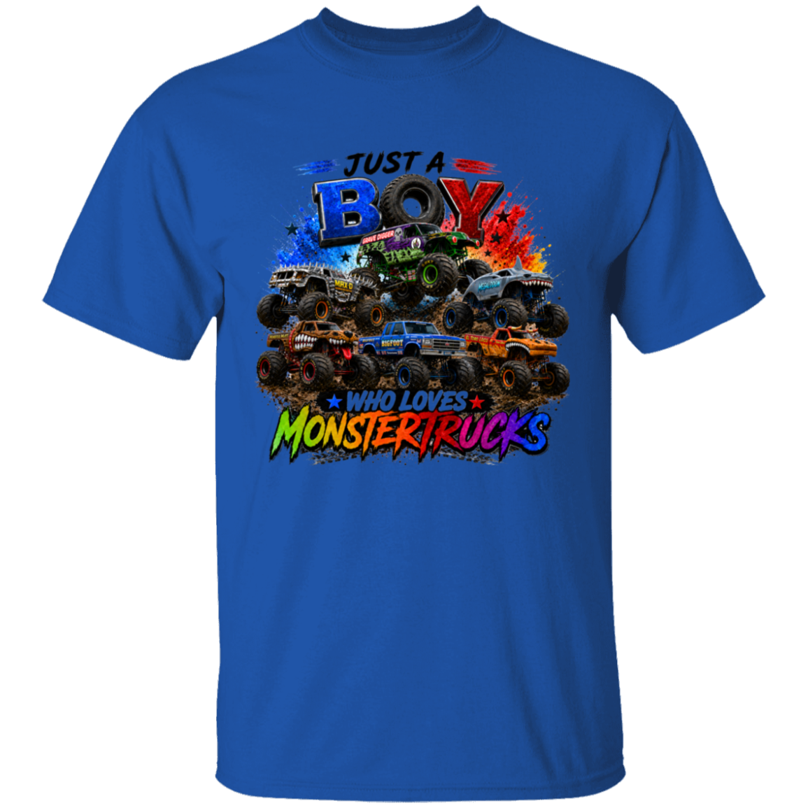 A royal blue short-sleeve t-shirt with a colorful graphic print on the front featuring monster trucks and the text 'JUST A BOY WHO LOVES MONSTERTRUCKS'.