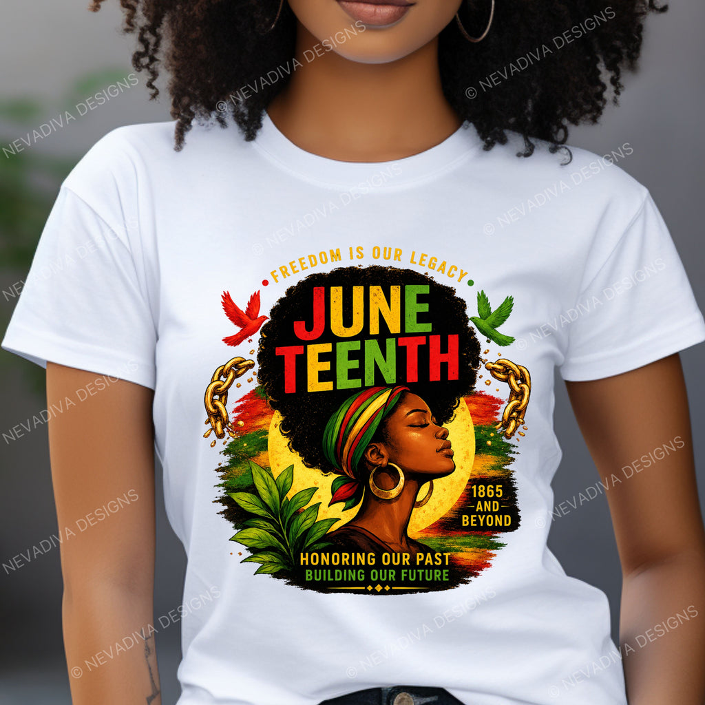 Person wearing a white t-shirt with a Juneteenth design featuring a woman with an afro and colorful headscarf.