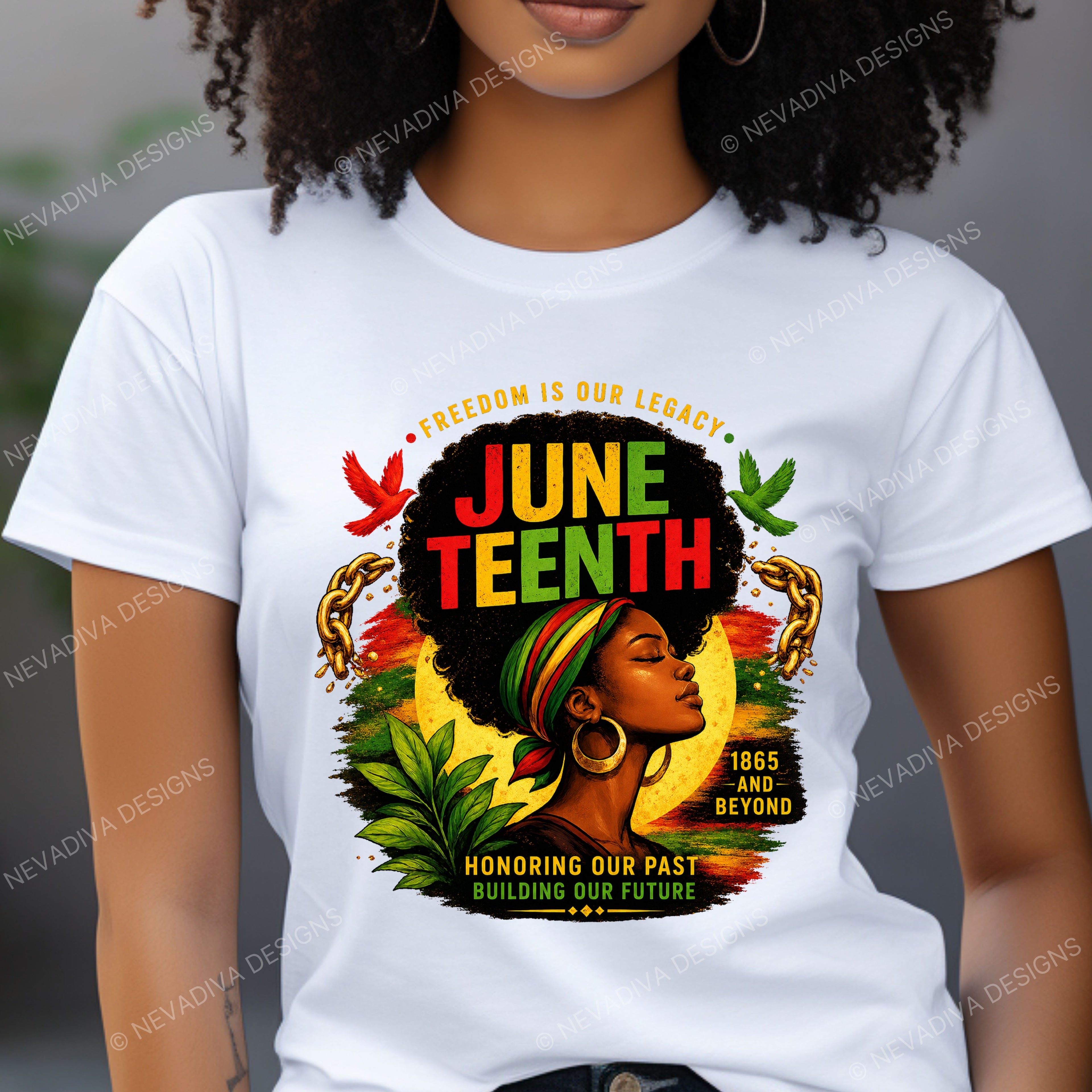 Person wearing a white t-shirt with a Juneteenth design featuring a woman with an afro and colorful headscarf.