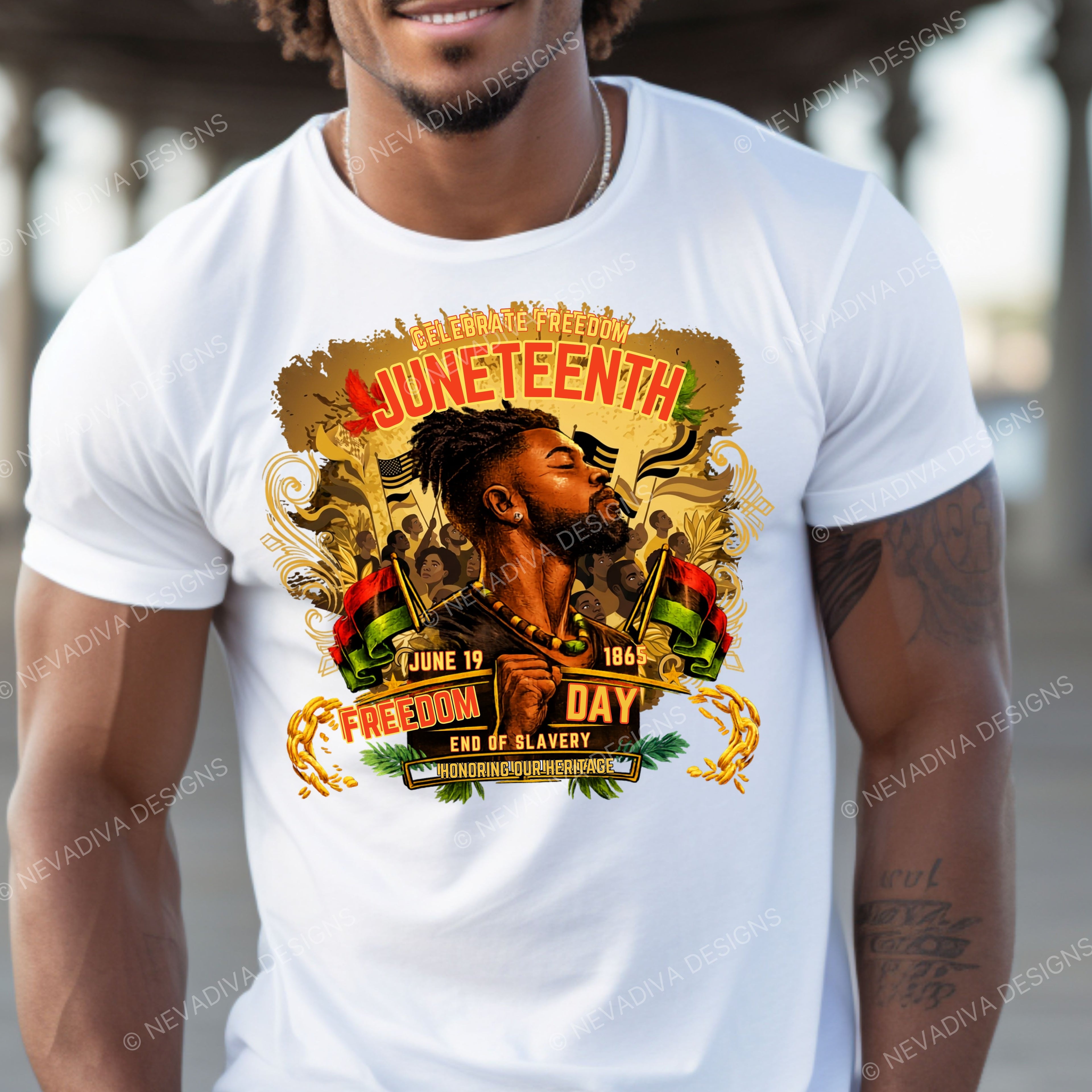 Man wearing a white t-shirt with Juneteenth graphic design.