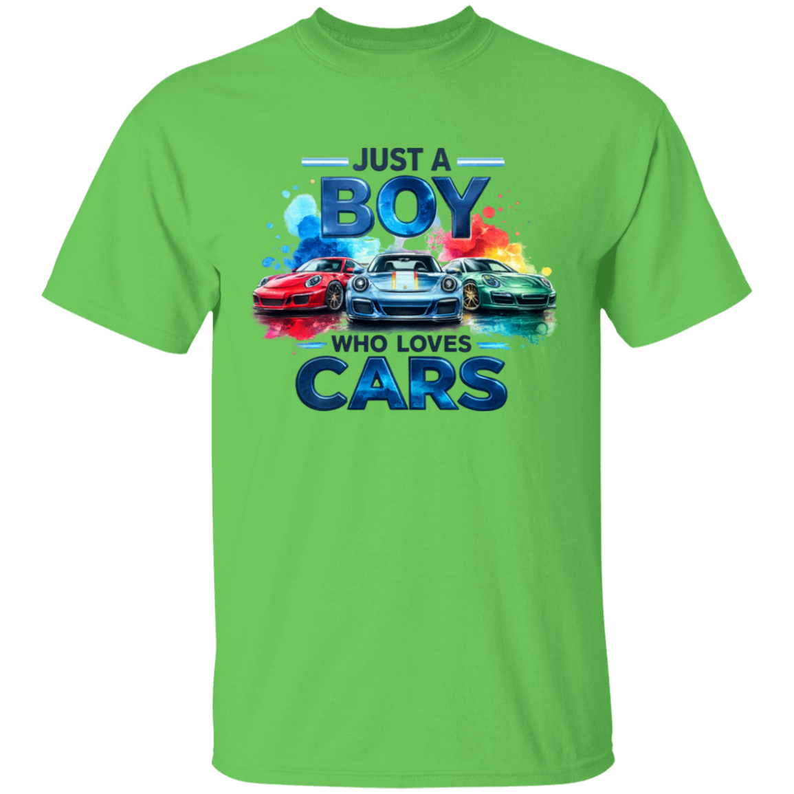 A bright green short-sleeve t-shirt with a colorful graphic print on the front. The graphic features the text 'JUST A BOY WHO LOVES CARS' in blue and white lettering, with three sports cars (red, blue, and green) depicted in the center, set against a clean white background.