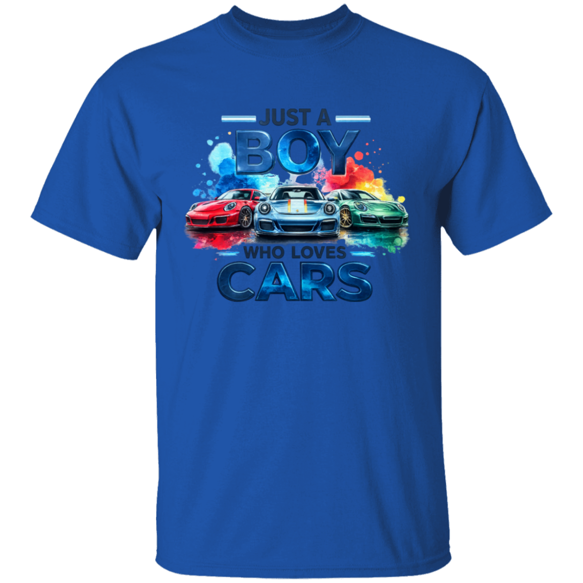A royal blue short-sleeve t-shirt with a colorful graphic print on the front. The graphic features the text 'JUST A BOY WHO LOVES CARS' in stylized blue lettering above three sports cars in red, white, and green, set against a clean white background.