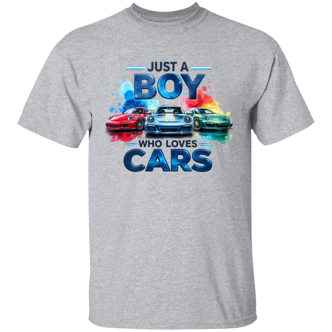 A heather gray short-sleeve crewneck t-shirt featuring a colorful graphic print on the front. The graphic displays three sports cars (red, blue, and green) with colorful paint splatters and the text 'JUST A BOY WHO LOVES CARS' in blue and white.