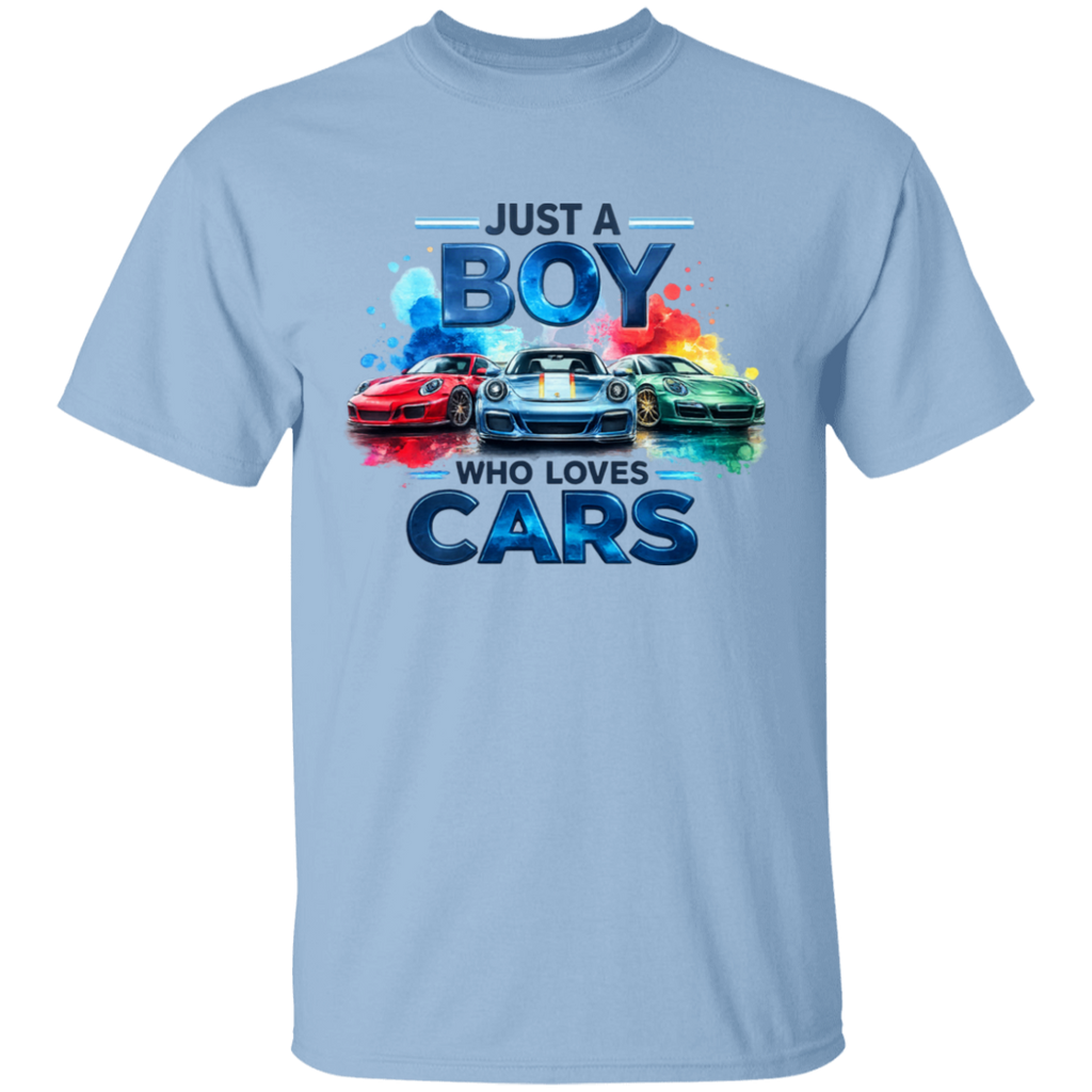 light blue short-sleeve t-shirt with a colorful graphic print on the front. The graphic features the text 'JUST A BOY WHO LOVES CARS' in stylized blue lettering above three sports cars in red, white, and green, set against a clean white background.