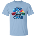 light blue short-sleeve t-shirt with a colorful graphic print on the front. The graphic features the text 'JUST A BOY WHO LOVES CARS' in stylized blue lettering above three sports cars in red, white, and green, set against a clean white background.