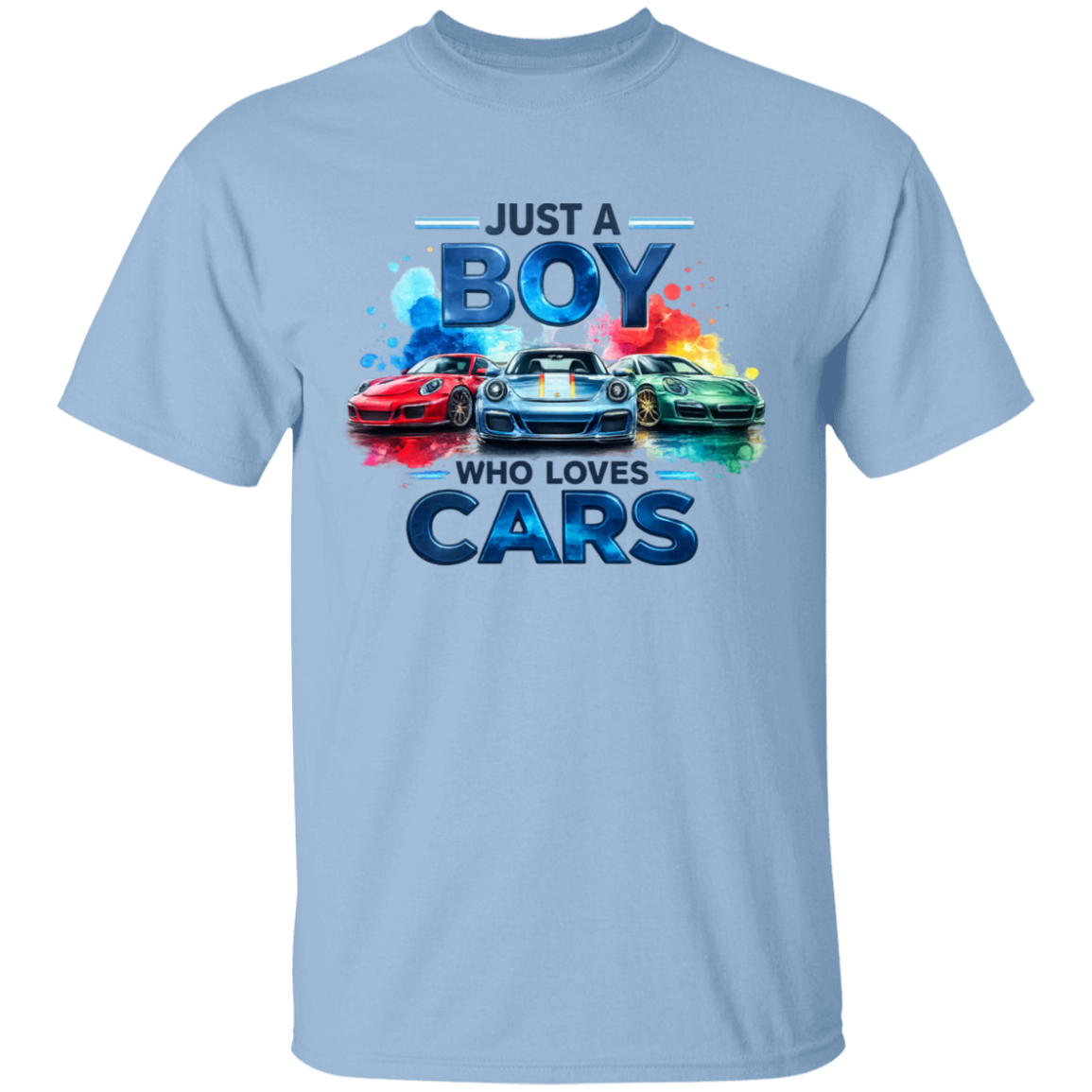 light blue short-sleeve t-shirt with a colorful graphic print on the front. The graphic features the text 'JUST A BOY WHO LOVES CARS' in stylized blue lettering above three sports cars in red, white, and green, set against a clean white background.