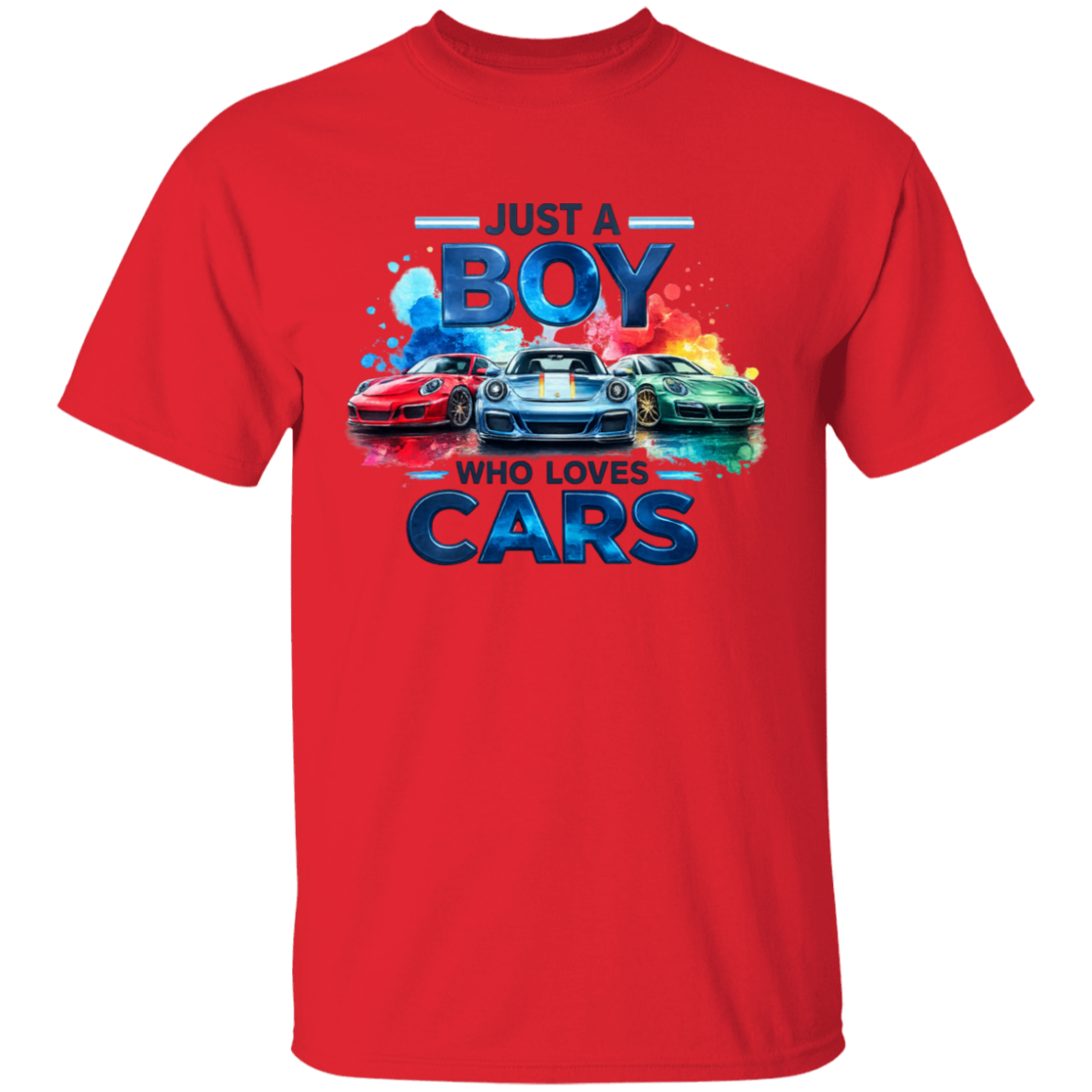A red short-sleeve crewneck t-shirt featuring a colorful graphic print on the front. The graphic displays three sports cars (red, blue, and green) with the text 'JUST A BOY WHO LOVES CARS' in blue and white.
