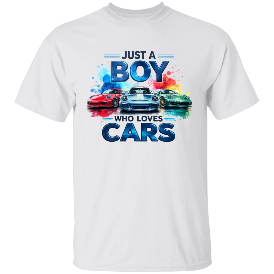 A white short-sleeve crewneck t-shirt featuring a colorful graphic print on the front. The graphic displays the text 'JUST A BOY WHO LOVES CARS' in blue and black lettering, with three sports cars (red, blue, and green) parked in front of a colorful paint splatter background.