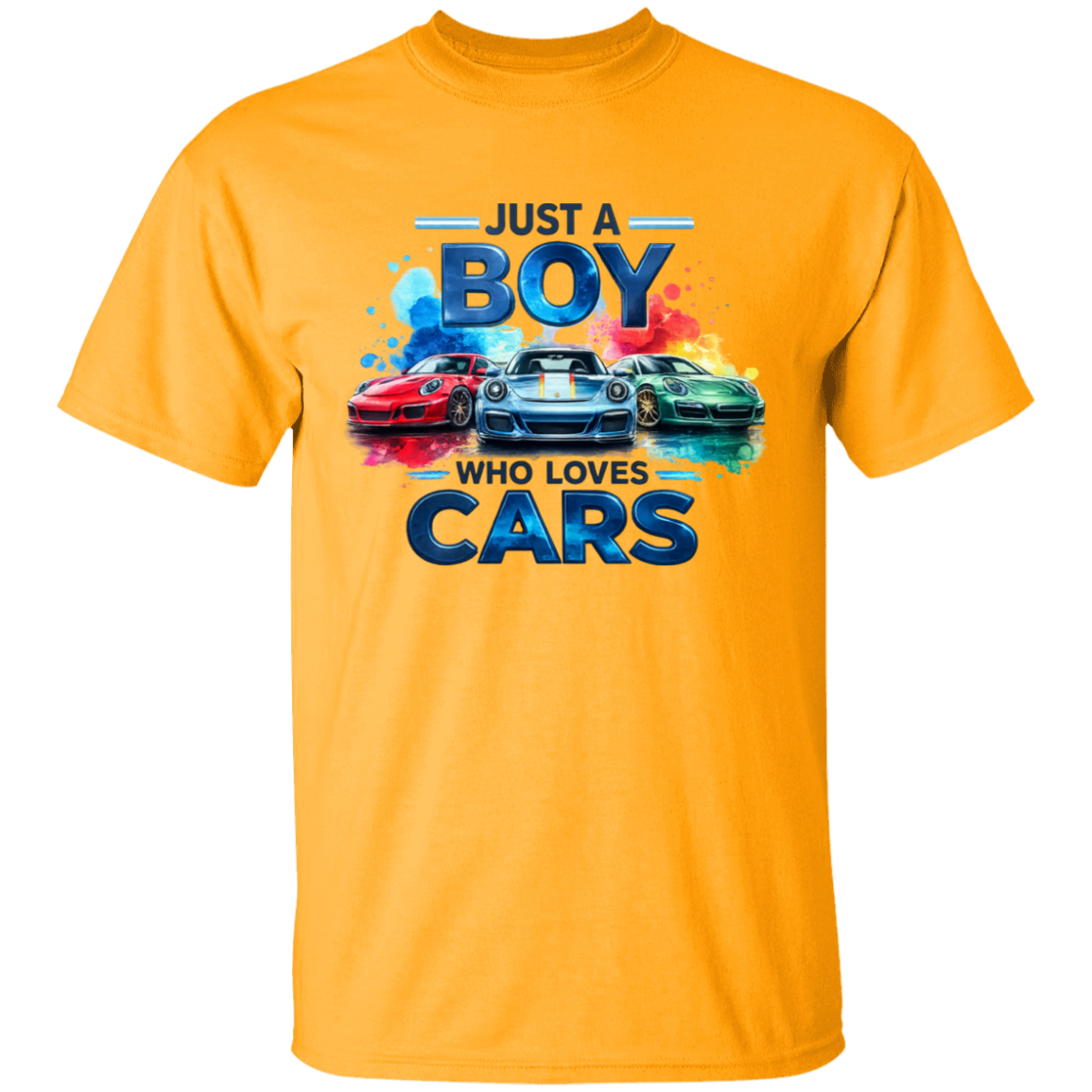 A bright yellow short-sleeve t-shirt with a colorful graphic print on the front. The graphic features the text 'JUST A BOY WHO LOVES CARS' in blue and black lettering, with three sports cars (red, blue, and green) depicted in the center, set against a clean white background.