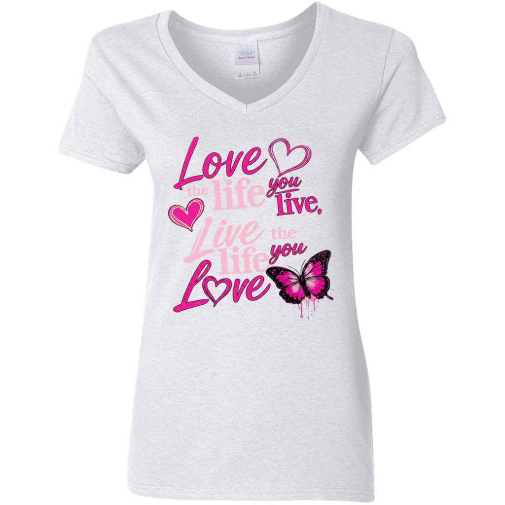 white V-neck t-shirt with pink motivational quote and butterfly design 