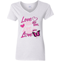 white V-neck t-shirt with pink motivational quote and butterfly design 