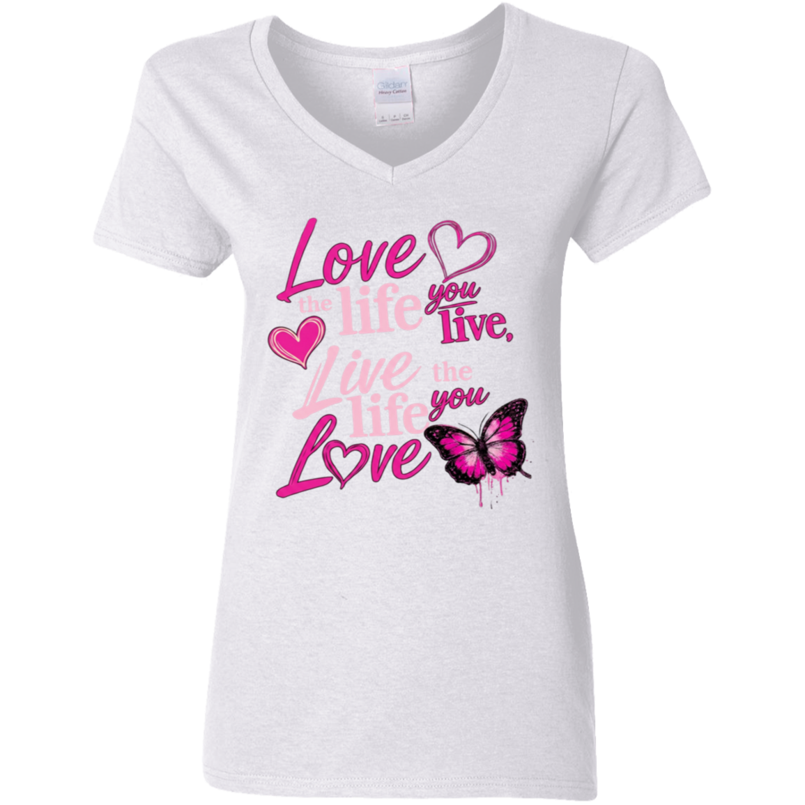 white V-neck t-shirt with pink motivational quote and butterfly design 