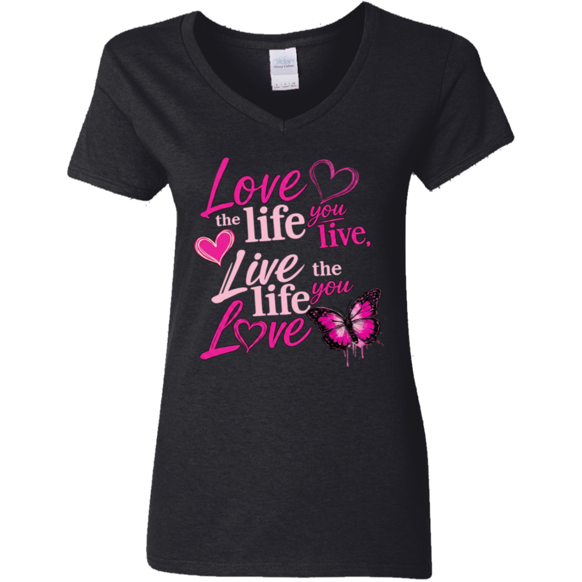 Black V-neck t-shirt with pink motivational quote and butterfly design 