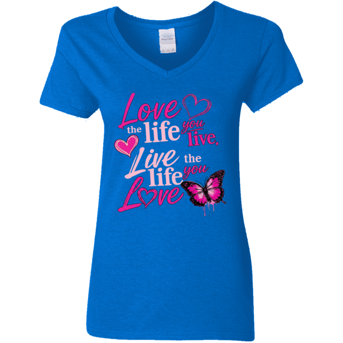 Royal V-neck t-shirt with pink motivational quote and butterfly design 