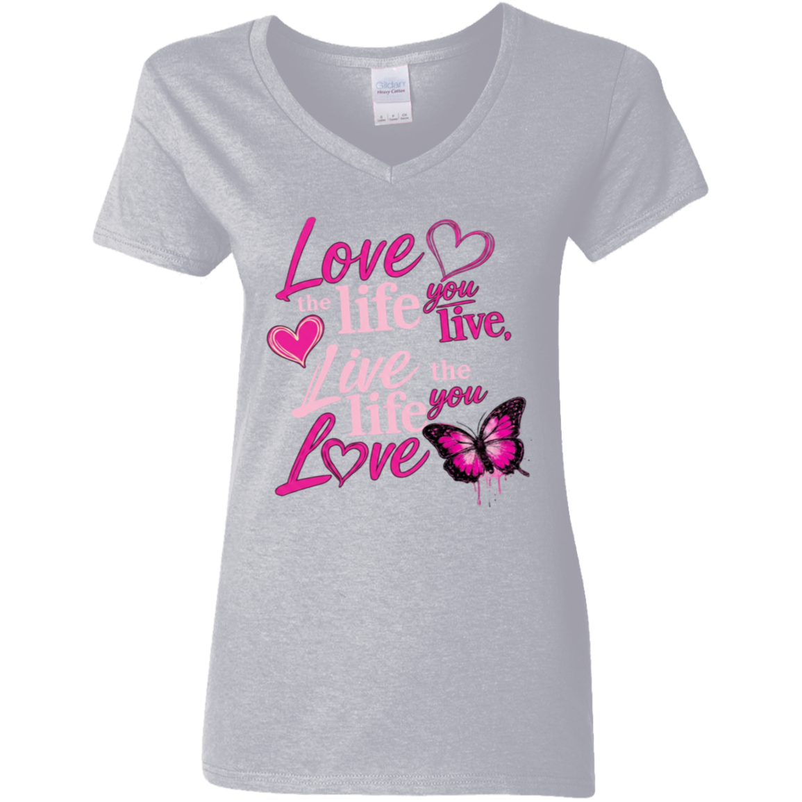 light pink V-neck t-shirt with pink motivational quote and butterfly design 