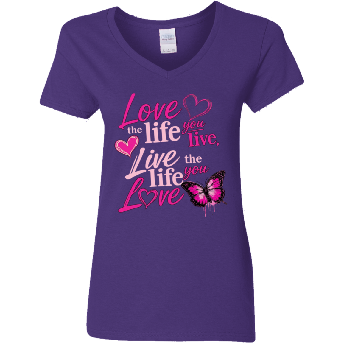 Purple V-neck t-shirt with pink motivational quote and butterfly design 