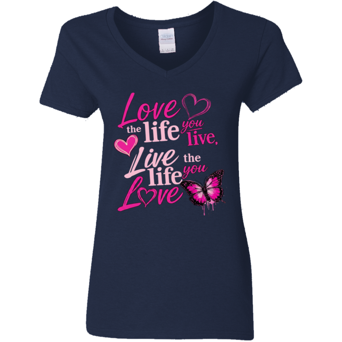 V-neck t-shirt with pink motivational quote and butterfly design 