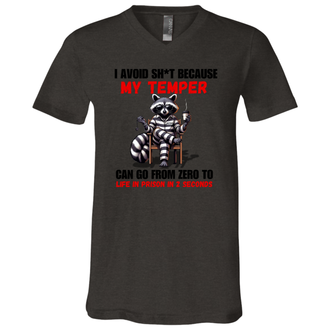Black t-shirt with a raccoon graphic and humorous text on a white background
