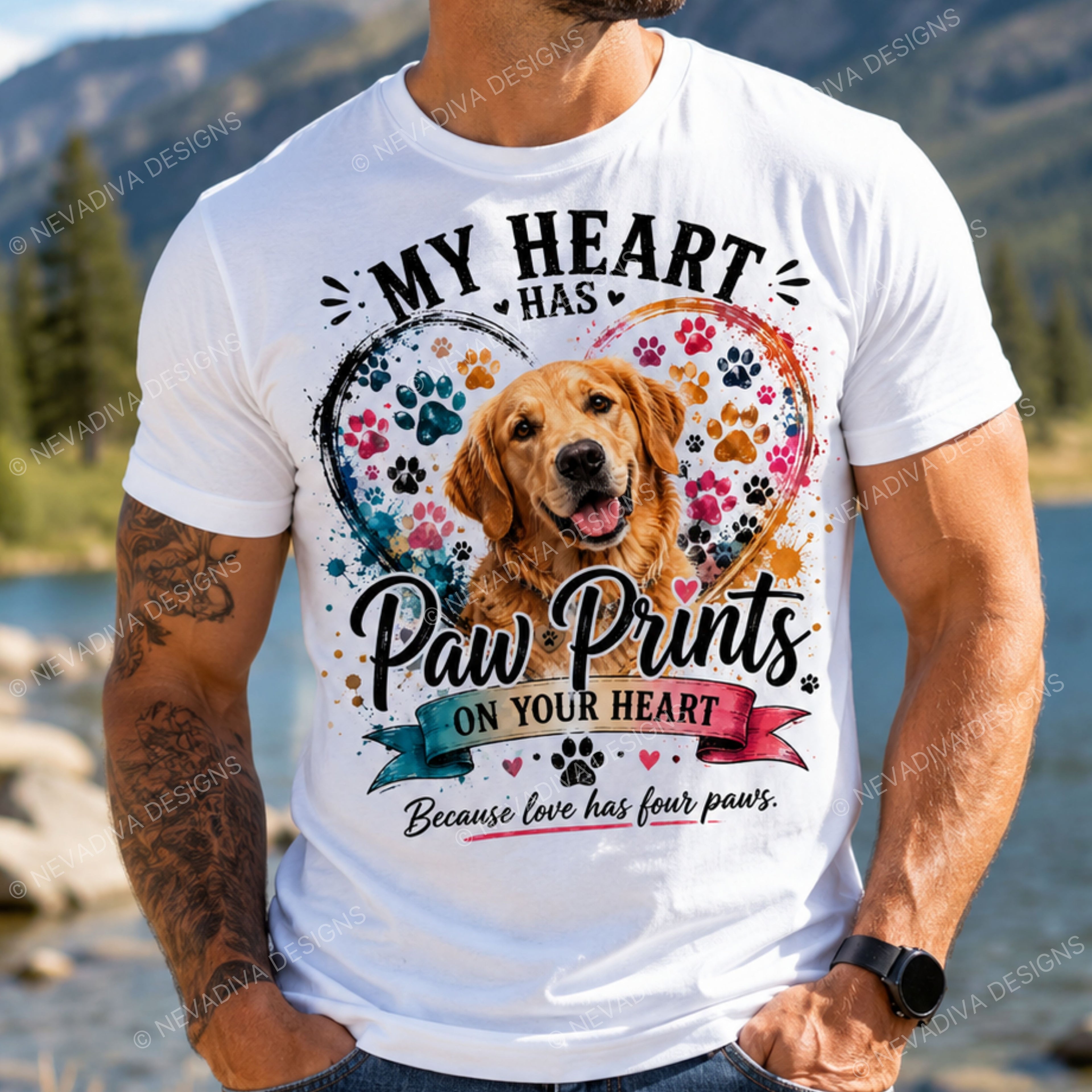 man wearing a white shirt with a dog and text that say my heart has paw prints on your heart