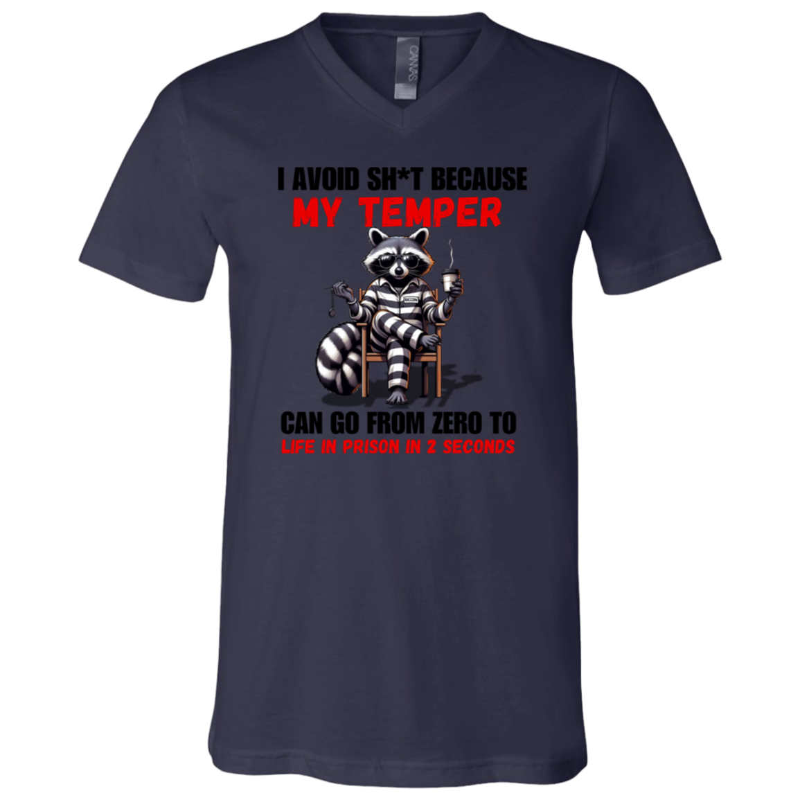 Navy blue t-shirt with a raccoon graphic and humorous text on a white background