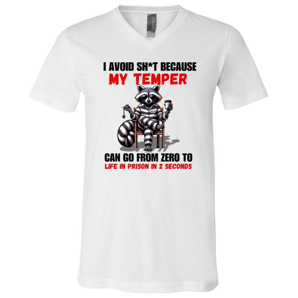 White t-shirt with a graphic of a raccoon in a prison outfit and text on a white background