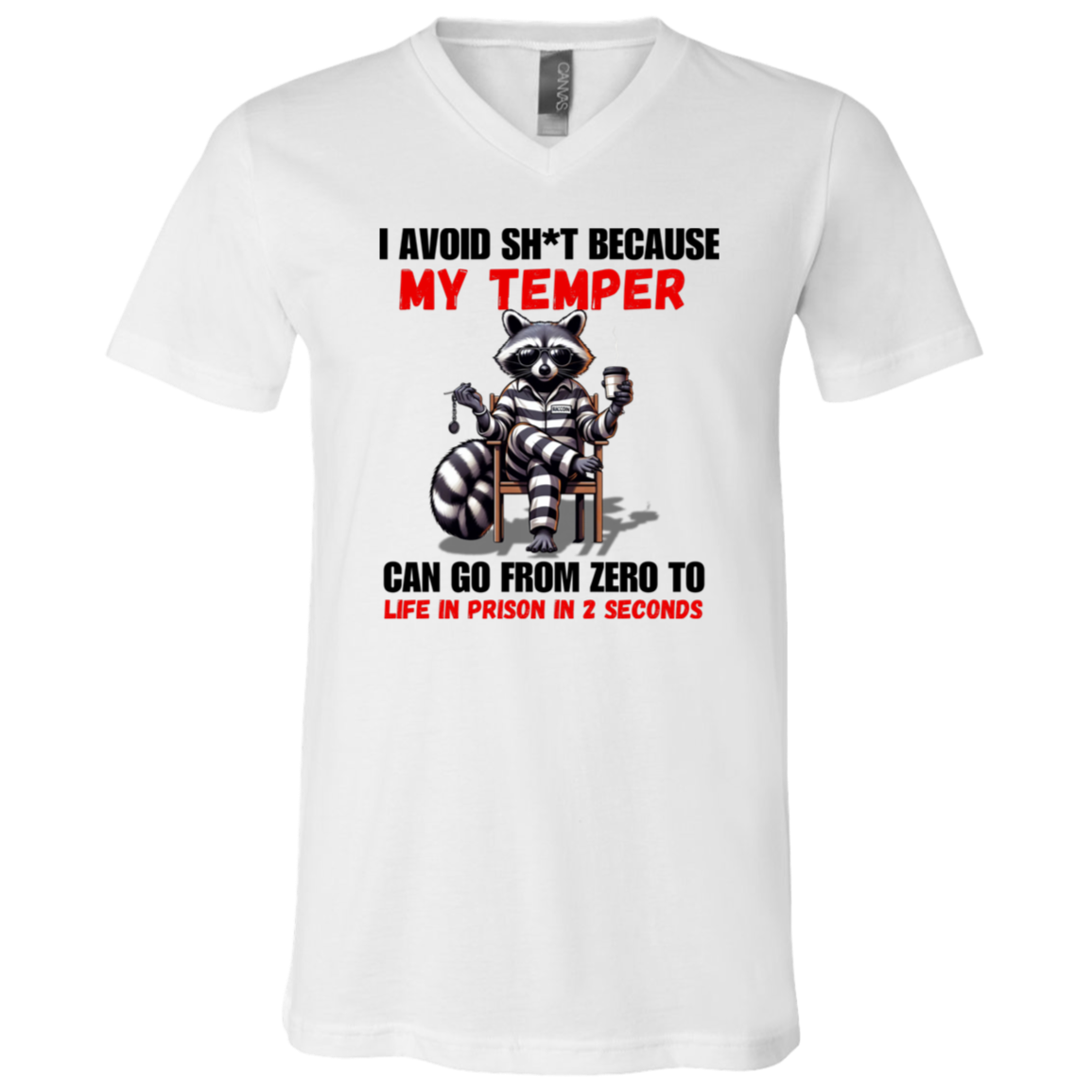 White t-shirt with a graphic of a raccoon in a prison outfit and text on a white background