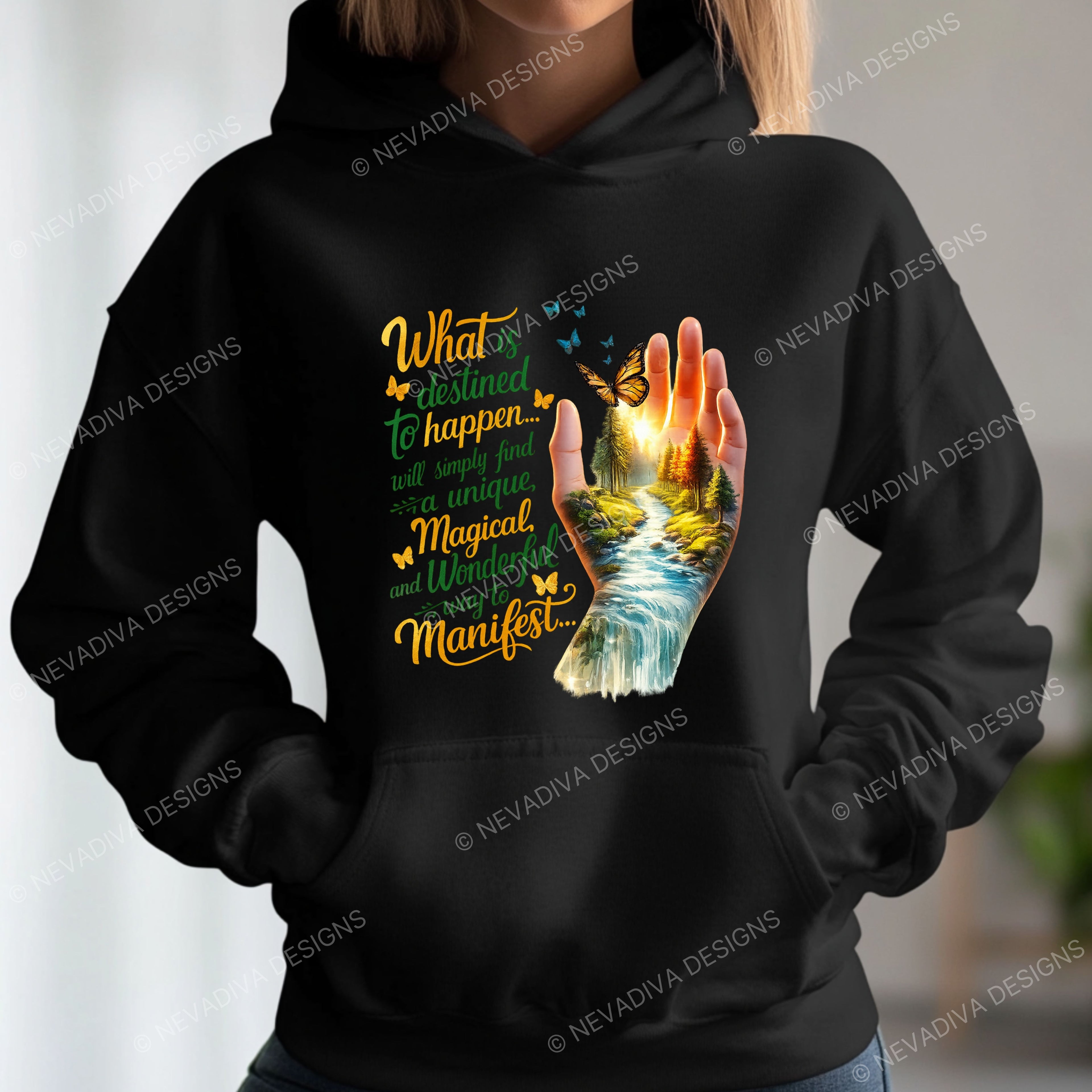 Black hoodie with a hand holding aланtern design and text.