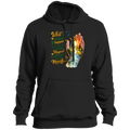 Black hoodie with a colorful graphic and text on a white background