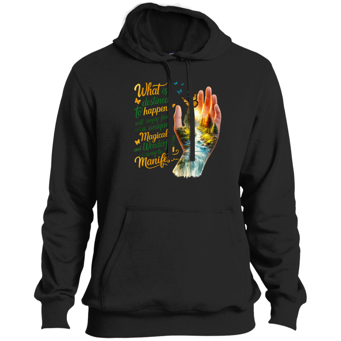 Black hoodie with a colorful graphic and text on a white background