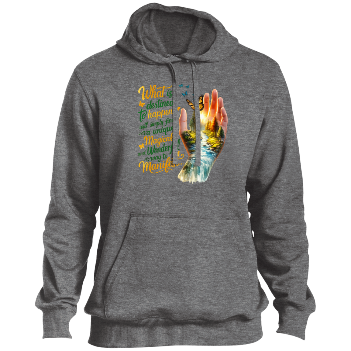 Gray hoodie with a colorful design and text on a white background