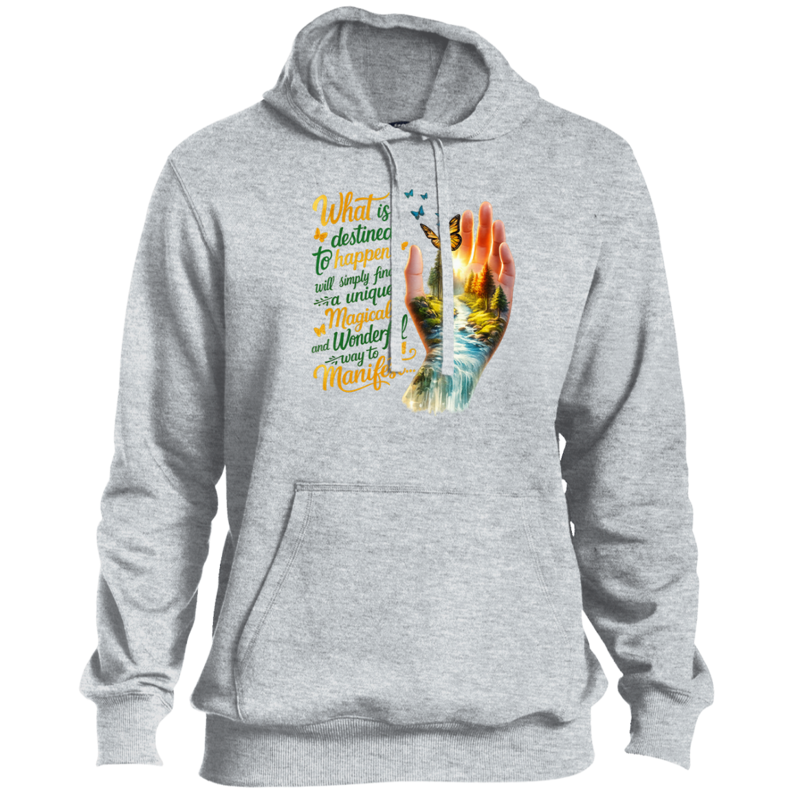 Gray hoodie with a colorful design and text on a white background