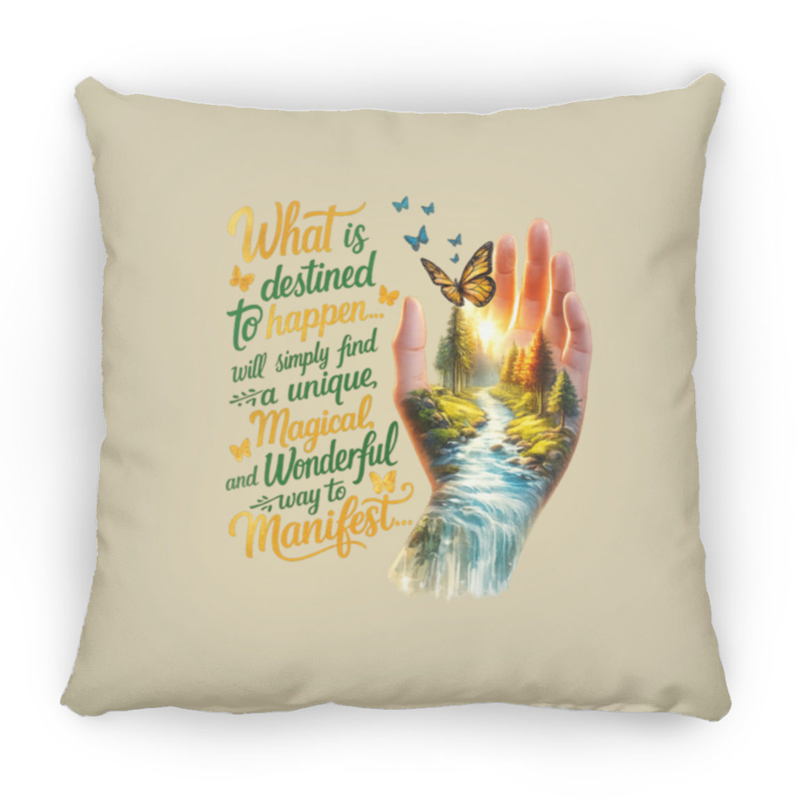 Decorative pillow with a hand, butterfly, and nature scene design on a beige background