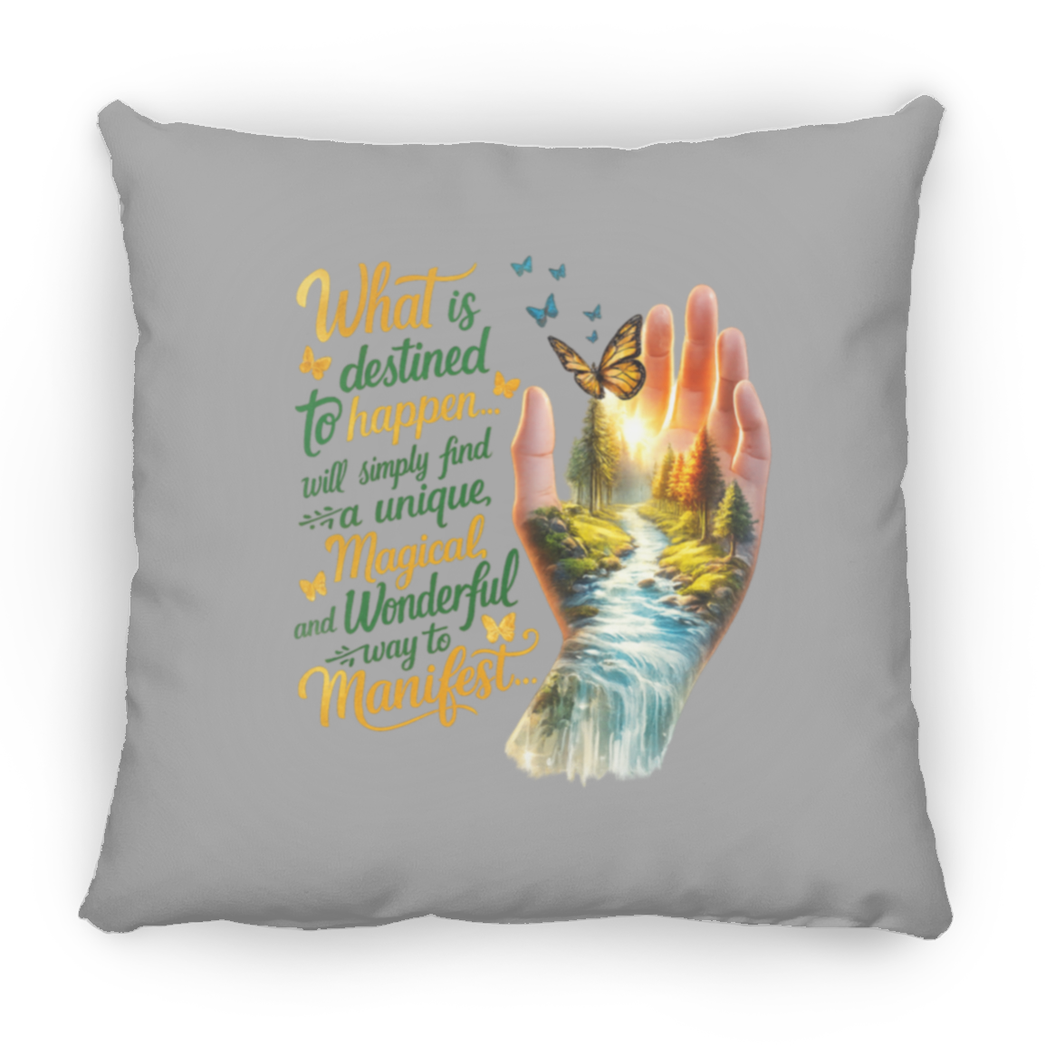 Gray pillow with a hand holding a landscape and motivational quote on a white background