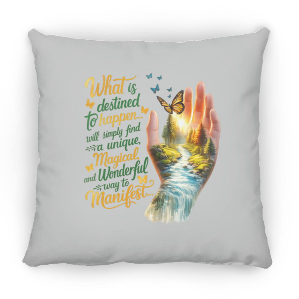 Decorative pillow with a hand holding a butterfly, nature scene, and motivational quote on a gray background.