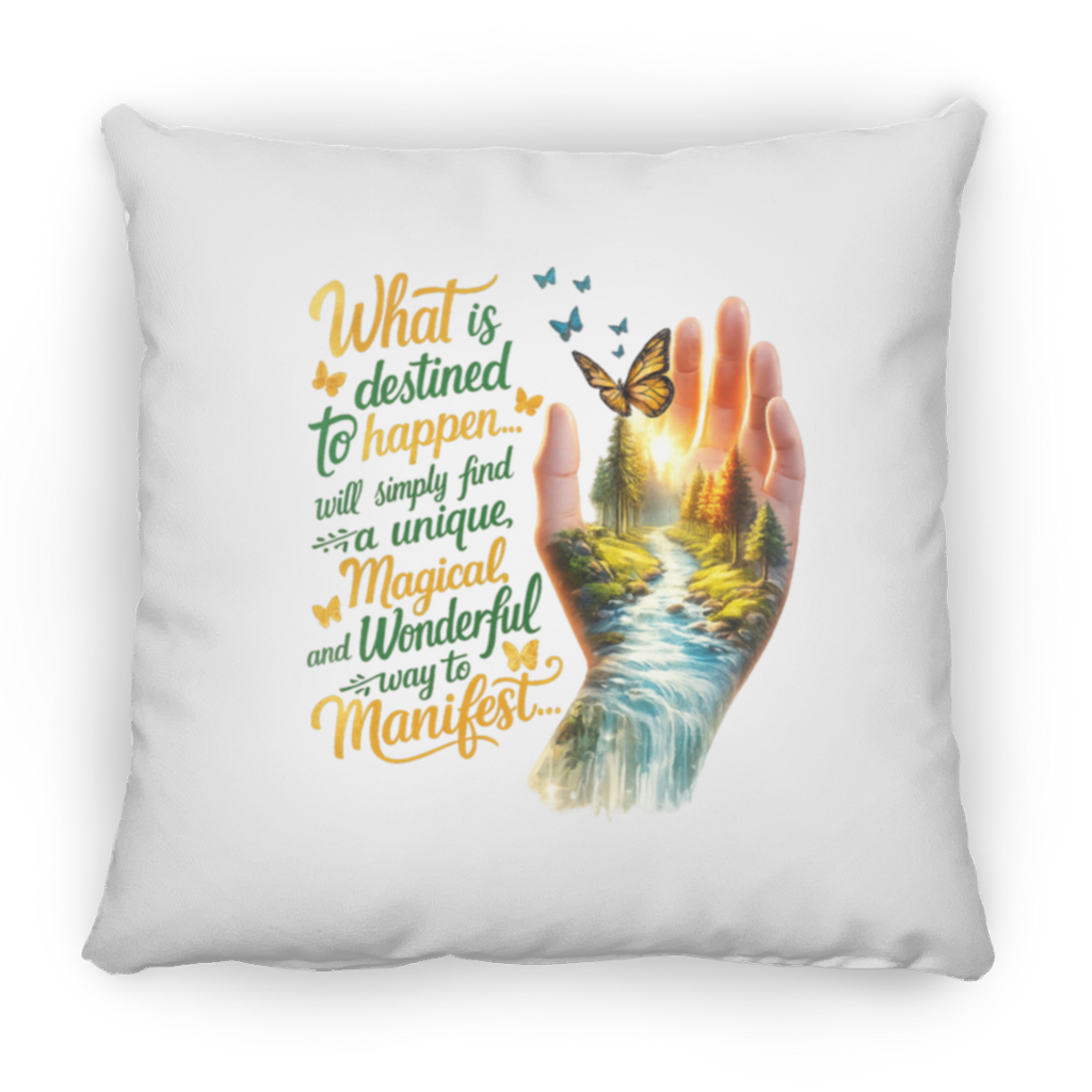 Decorative pillow with a hand holding a butterfly design and motivational quote on a white background