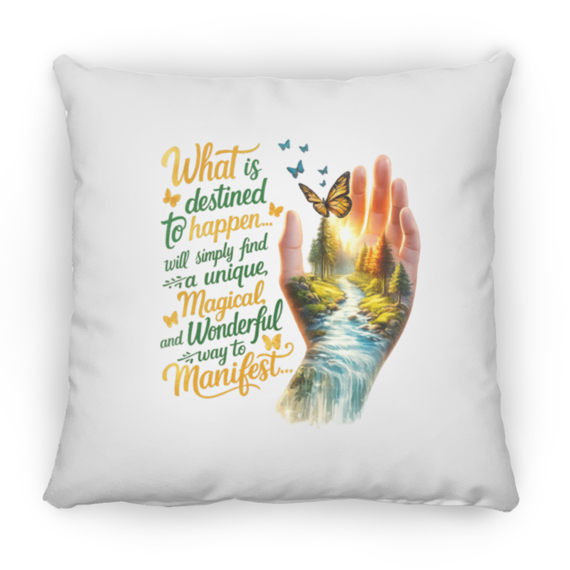 Decorative pillow with a hand holding a butterfly design and motivational quote on a white background