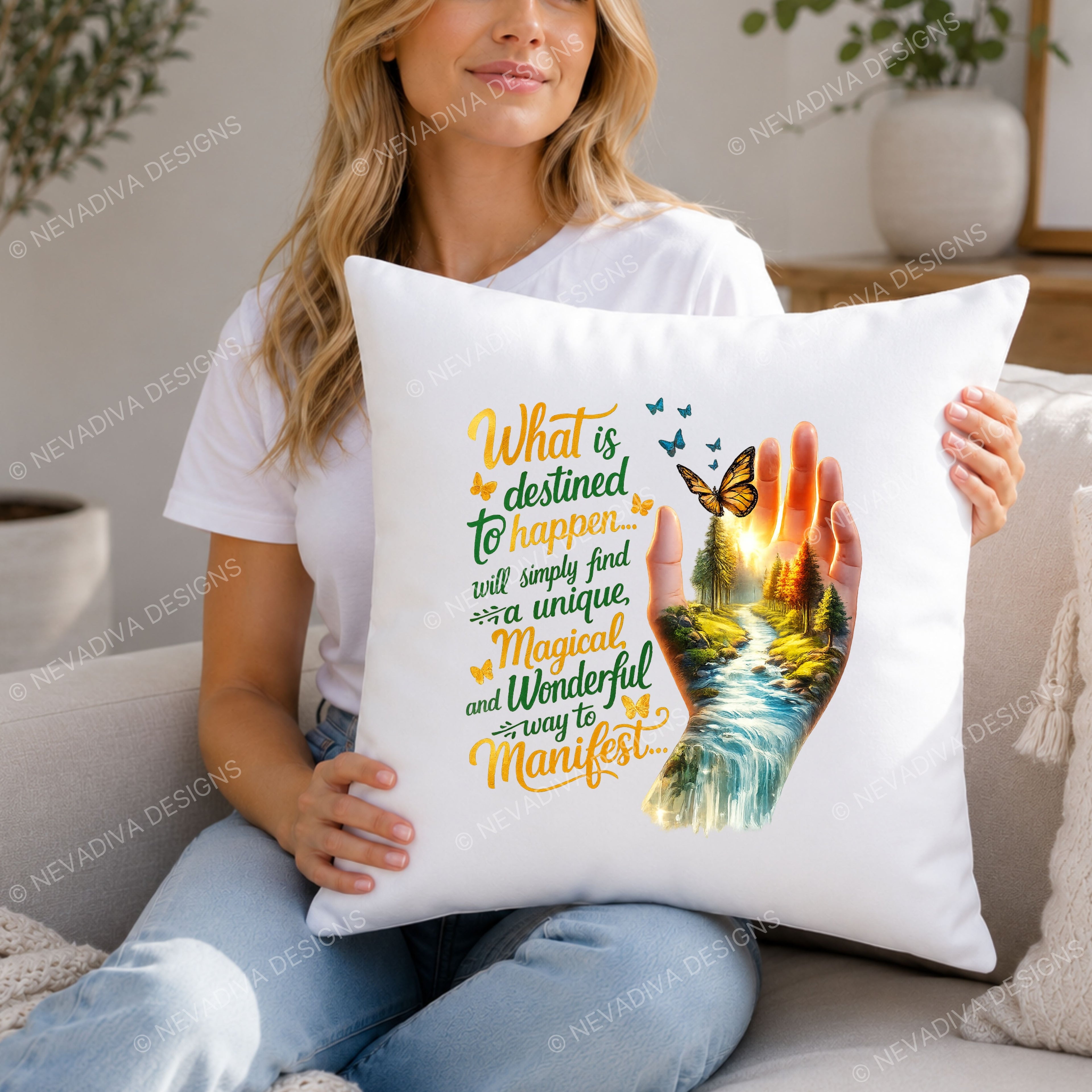 Person holding a pillow with a motivational quote and nature design