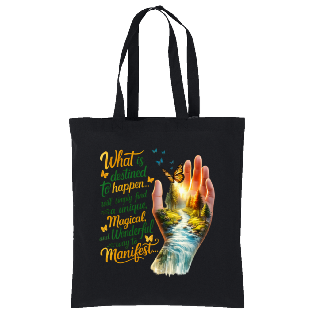 Black tote bag with a hand holding aланe, water, and butterfly design with text on a white background