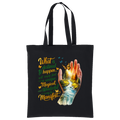Black tote bag with a hand holding aланe, water, and butterfly design with text on a white background