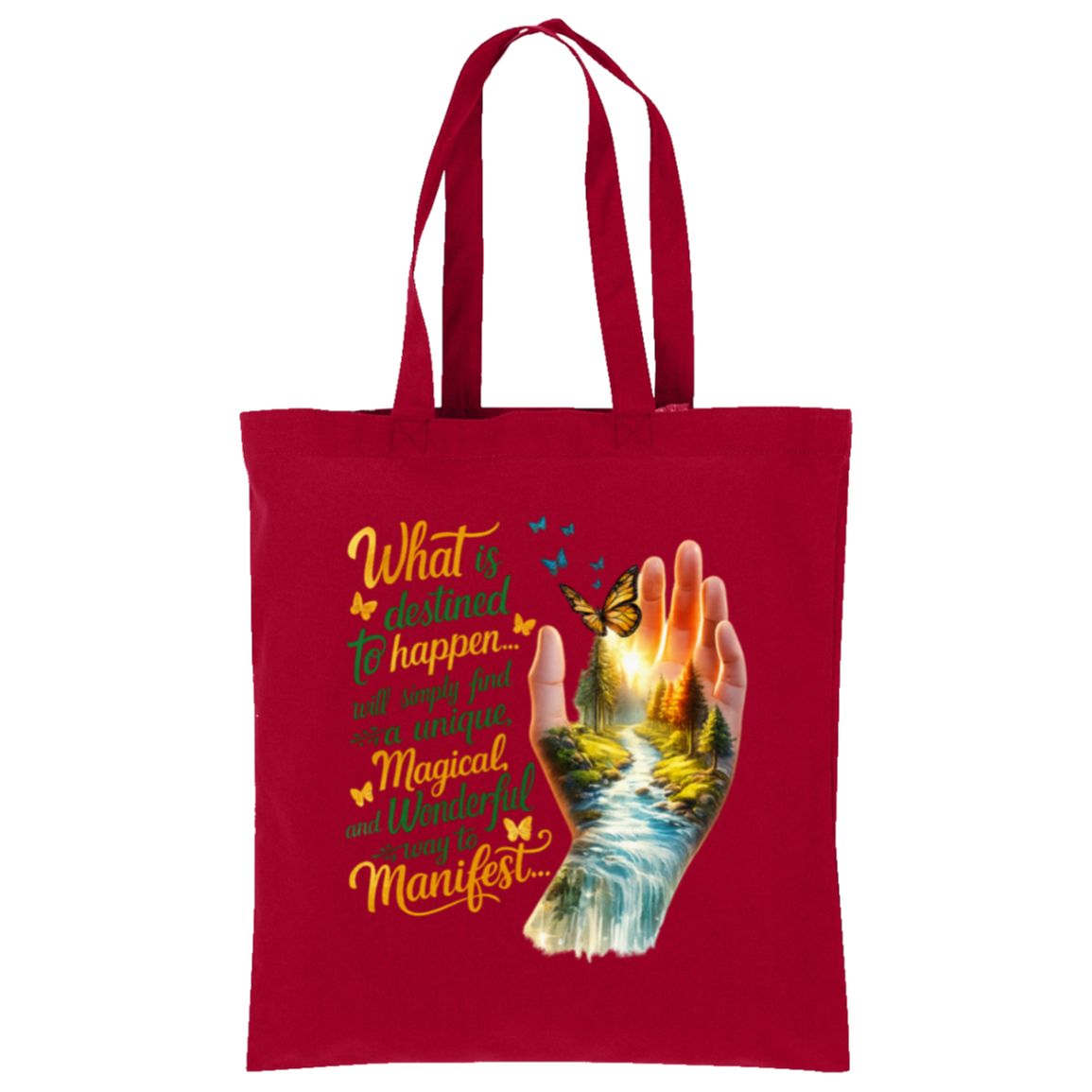 Red tote bag with a hand holding a butterfly design and motivational quote on a white background