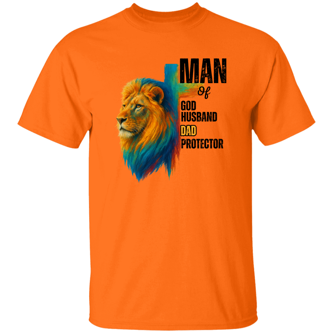 safety orange t-shirt with a colorful lion graphic and text.