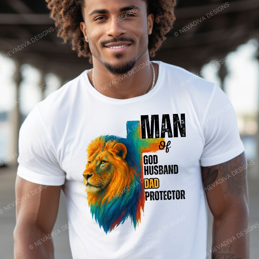 Man wearing a white t-shirt with a colorful lion graphic and text.