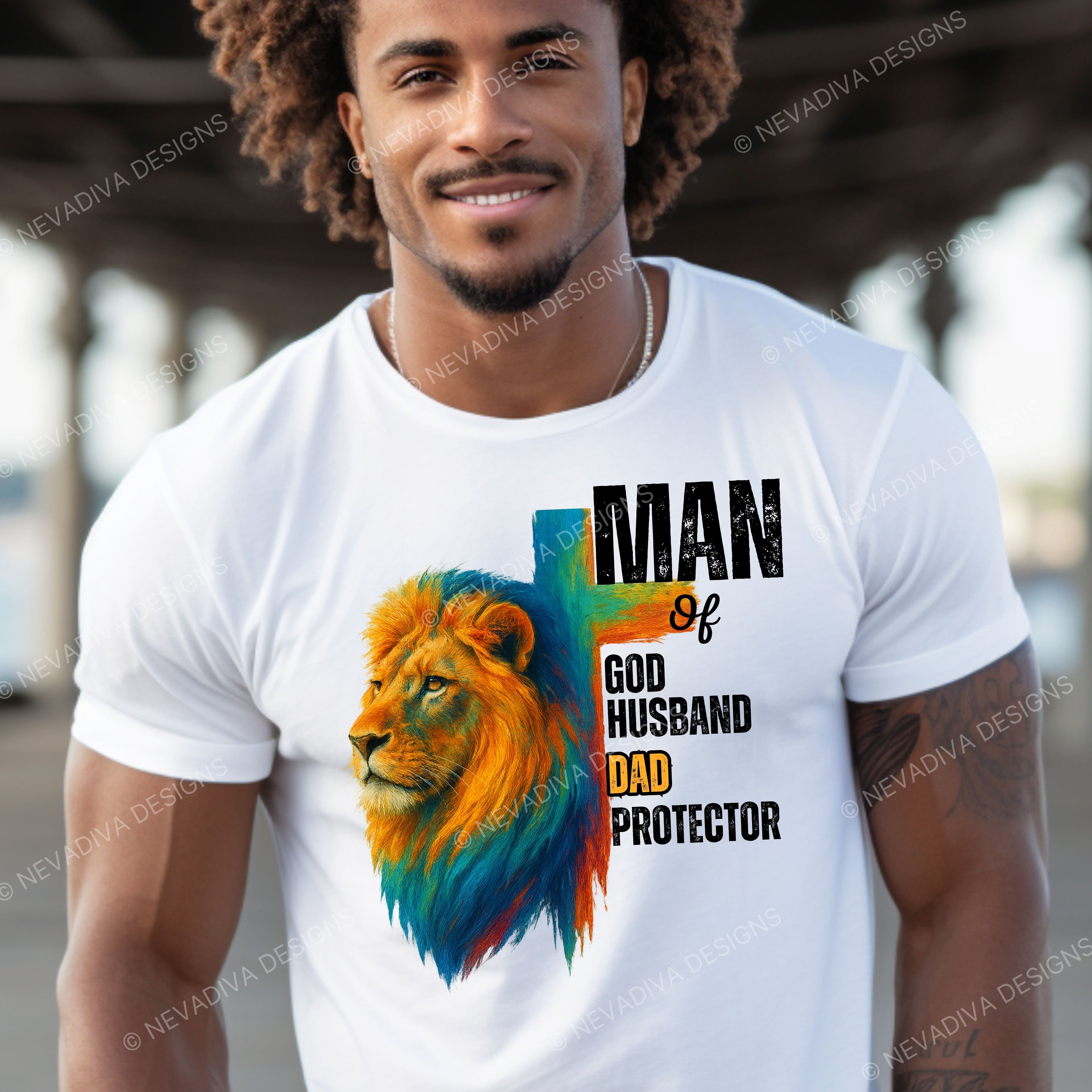 Man wearing a white t-shirt with a colorful lion graphic and text.