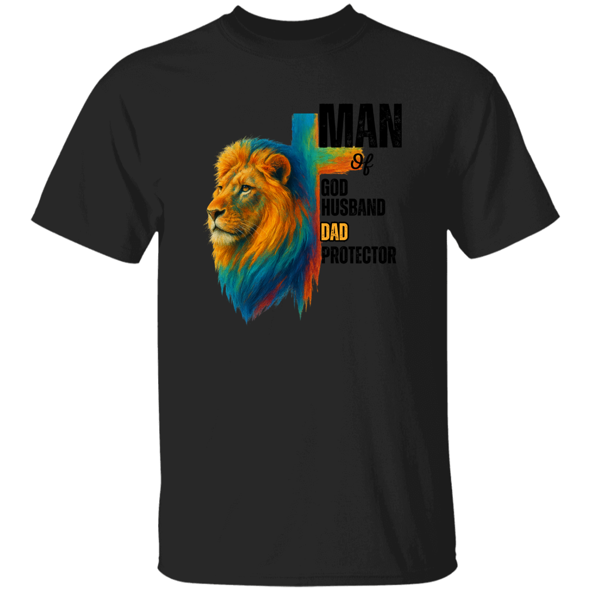 a black t-shirt with a colorful lion graphic and text.