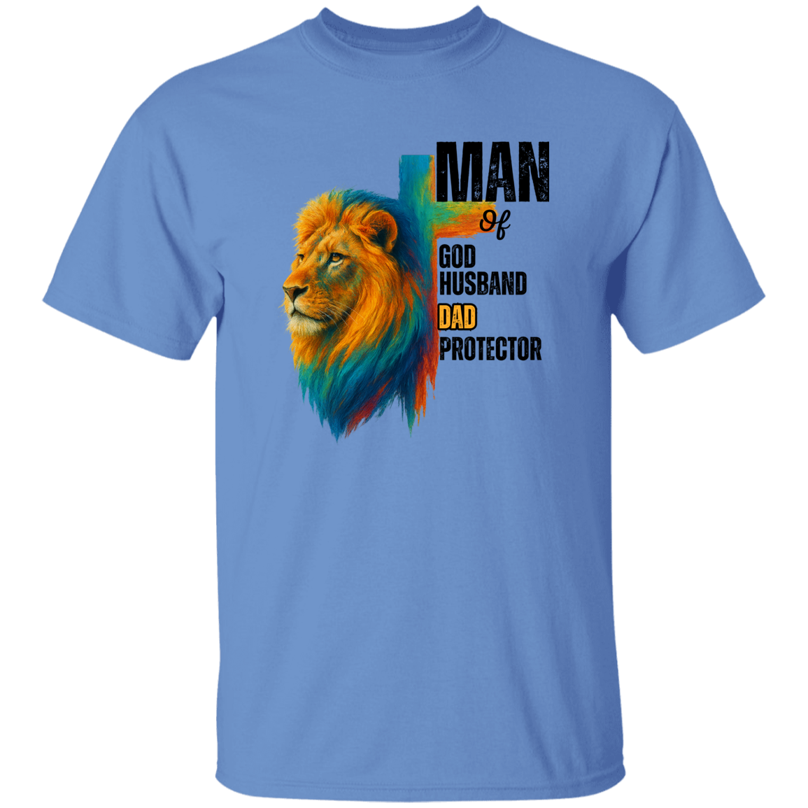 a carolina blue t-shirt with a colorful lion graphic and text.
