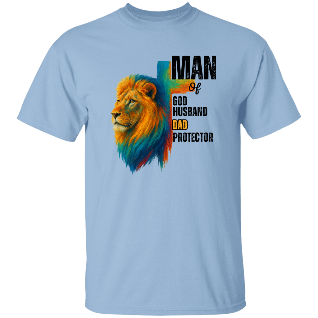 a light blue t-shirt with a colorful lion graphic and text.