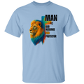 a light blue t-shirt with a colorful lion graphic and text.