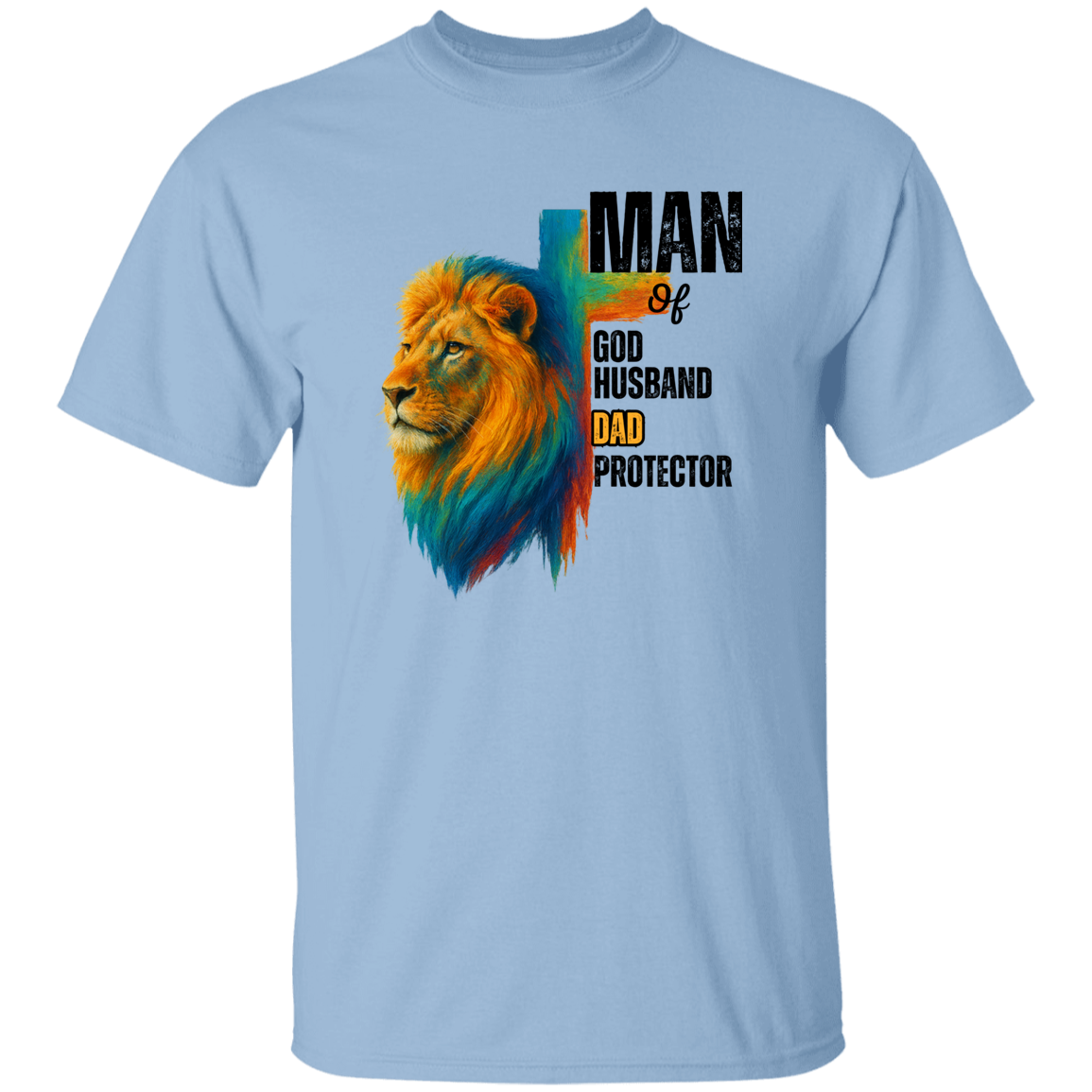a light blue t-shirt with a colorful lion graphic and text.